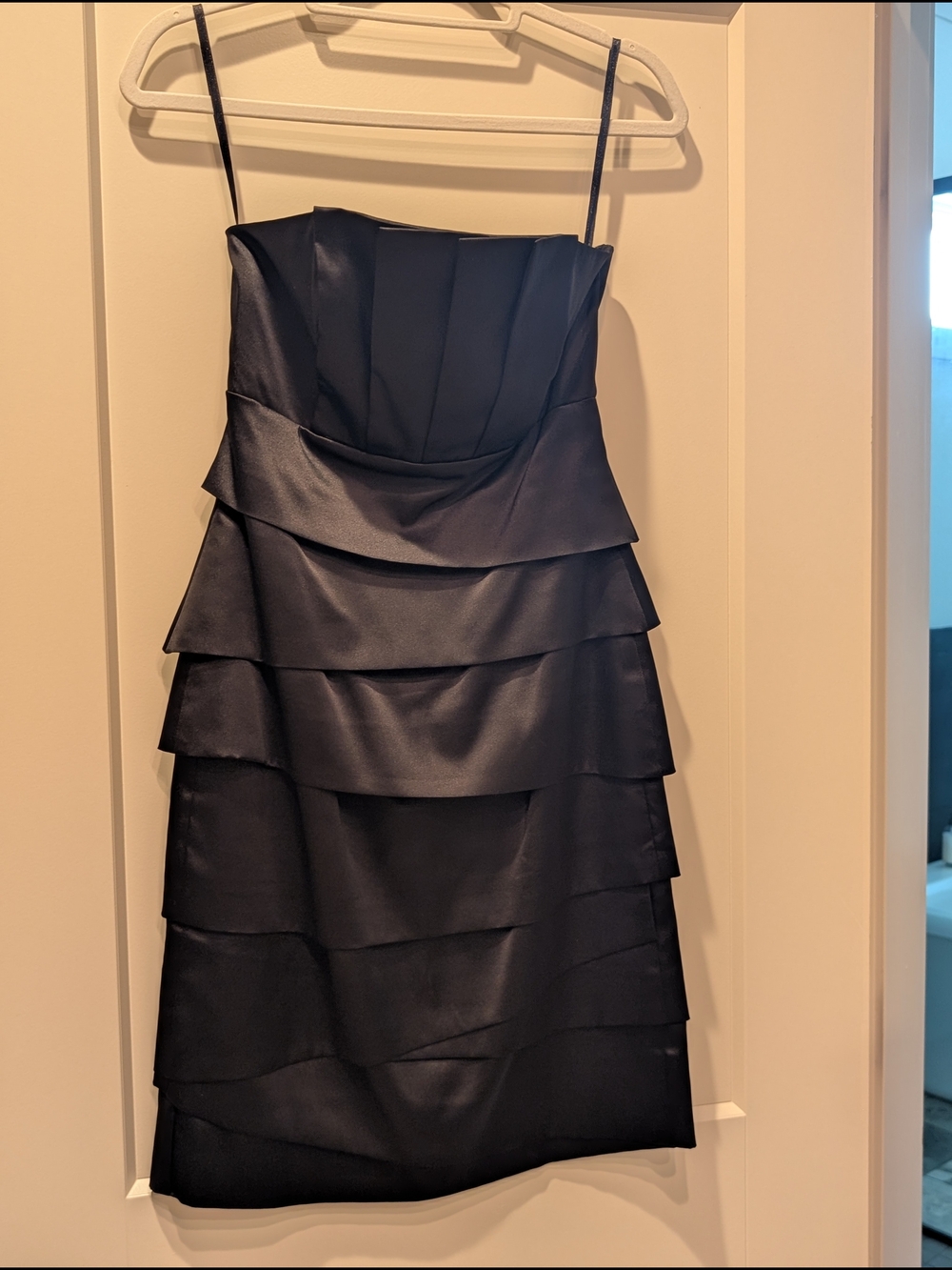 White House Black Market Black Satin Tiered Strapless Mini Dress